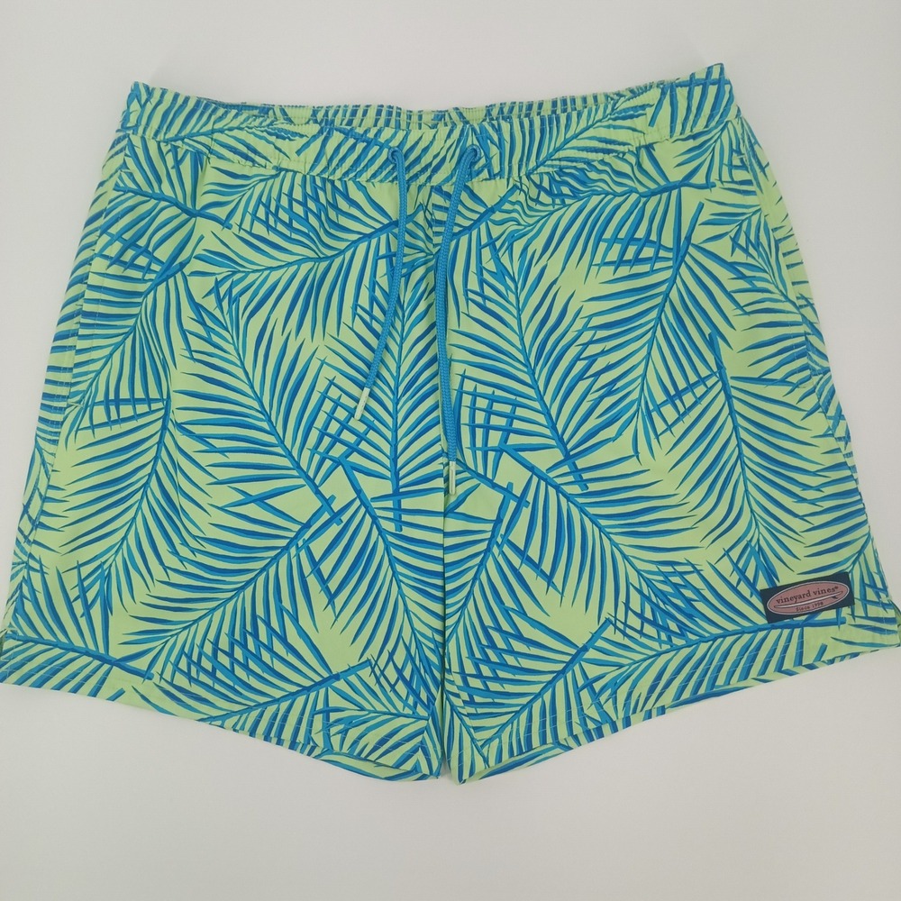 Vineyard Vines Mens Palm Leaf Print Swim Trunks Green Blue Size M 6.5" Inseam